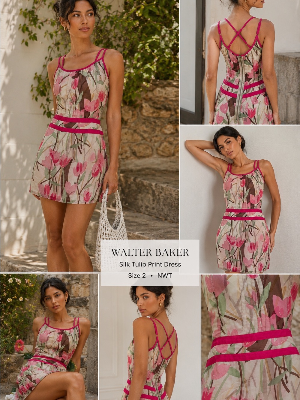 Walter Baker Silk Tulip Dress 2 NWT Floral Strappy Open Back Mini Y2K